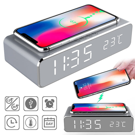 LED Electric Alarm Clock With Wireless Charger Desktop Digital Despertador Thermometer Clock HD Mirror Clock Watch Table Decor null